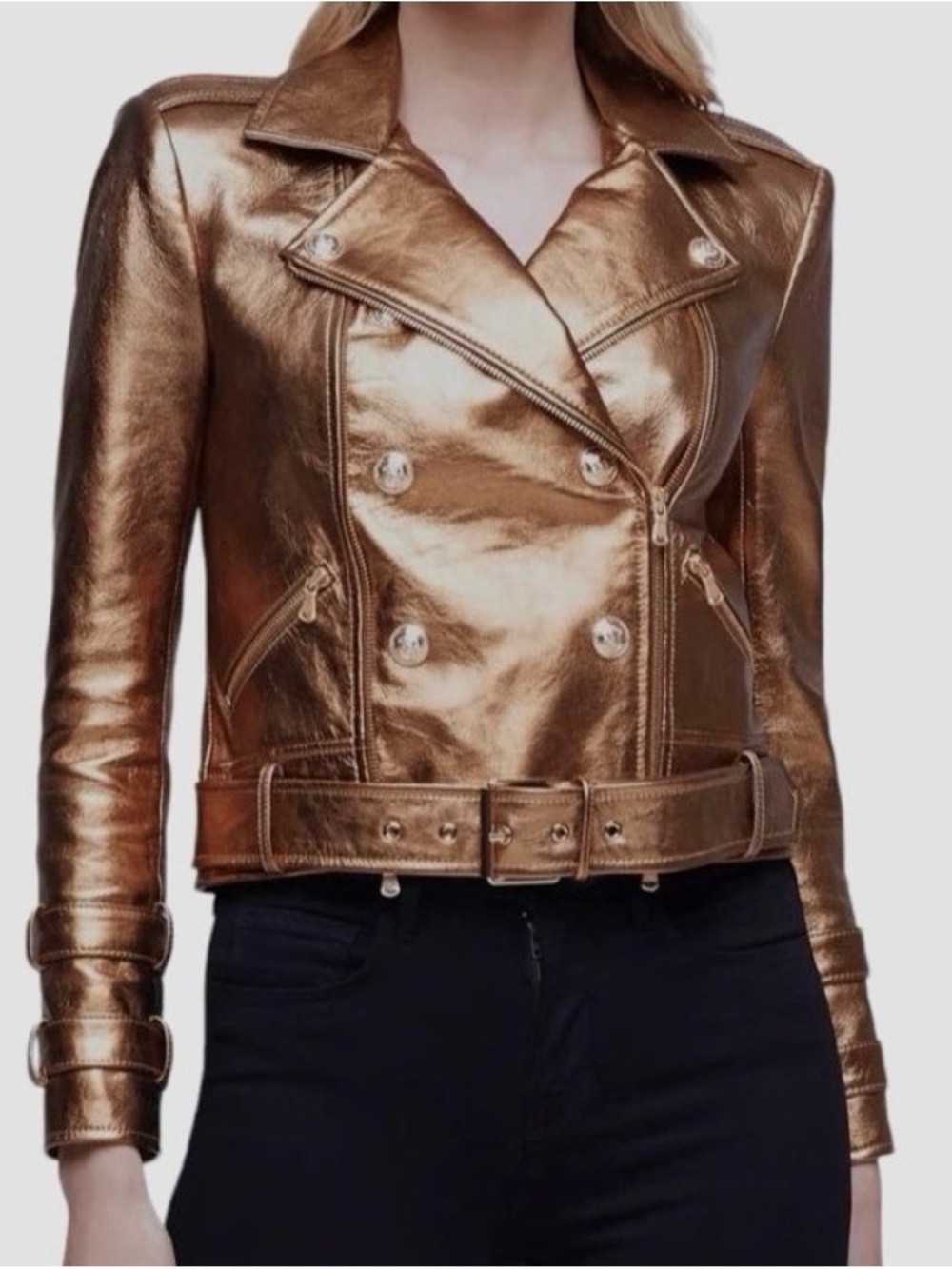 L'Agence Luxury Genuine Lamb Leather Bronze Gold Billie Belted Jacket - Large